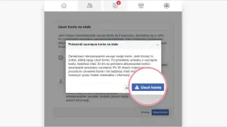 Chcesz wiedzieć, jak usunąć Facebooka? Na ekranie widzisz okno potwierdzające trwałe usunięcie konta. Kliknij "Usuń konto", aby kontynuować.
