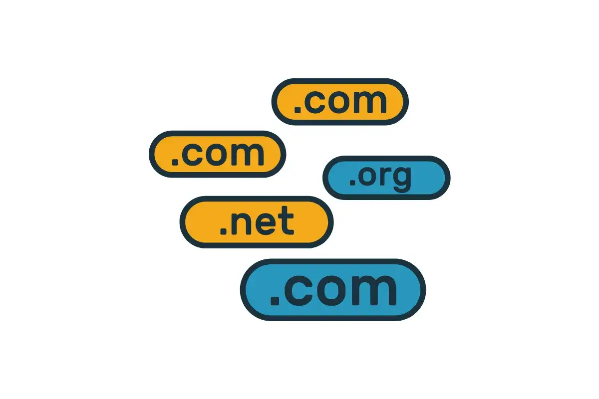 Etykiety z rozszerzeniami domen: .com, .net, .org. To pokazuje, co to jest domena internetowa.