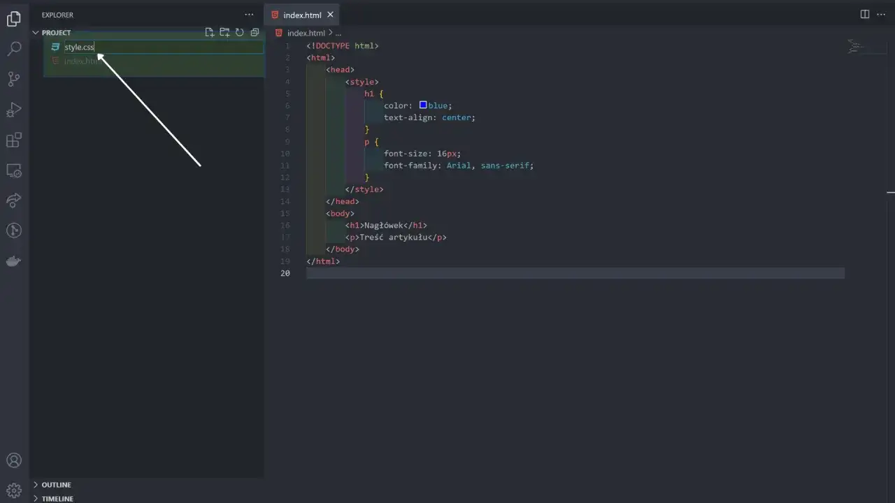 Pokazano, jak podłączyć CSS do HTML. Plik "style.css" jest widoczny w eksploratorze plików, a w pliku "index.html" znajduje się styl wewnątrz tagu <style>.