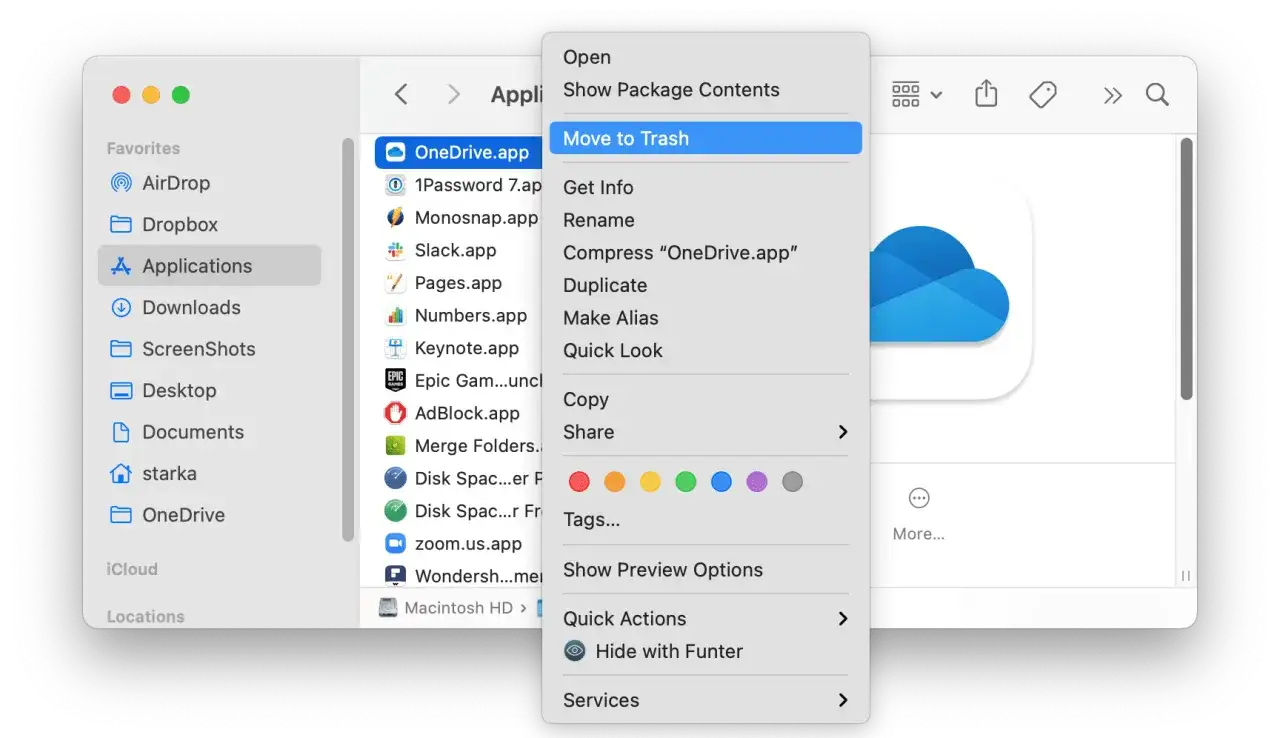 Jak usunąć aplikacje z Maca: kliknij prawym przyciskiem myszy na OneDrive.app i wybierz 
