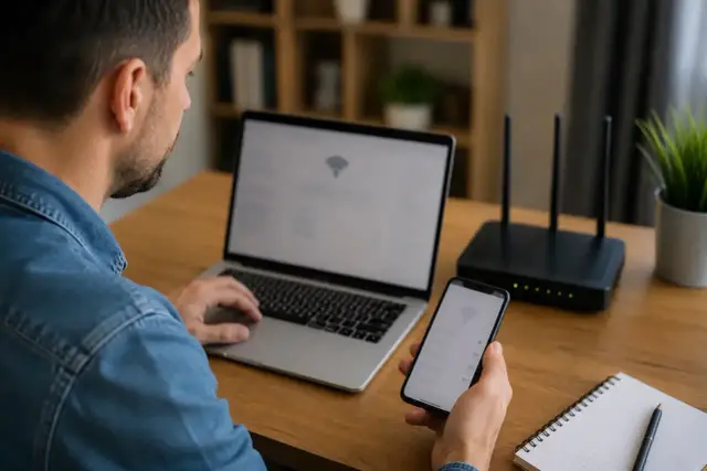 Mężczyzna z telefonem i laptopem przy routerze, szuka informacji jak zmienić hasło do wifi.